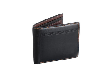 Top view of black leather wallet on transparent background. PNG format - obrazy, fototapety, plakaty