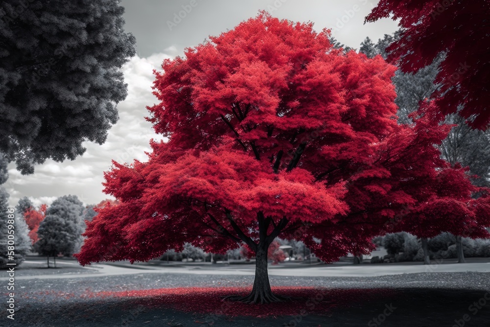 Poster daytime vertical image of a tree in a park with bright red foliage generative ai