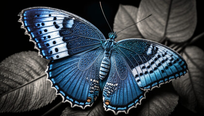Beautifully colored blue exotic butterfly on black and white background, Generative AI