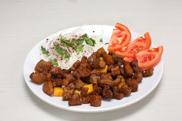 fried lamb liver and potato with sumac onion