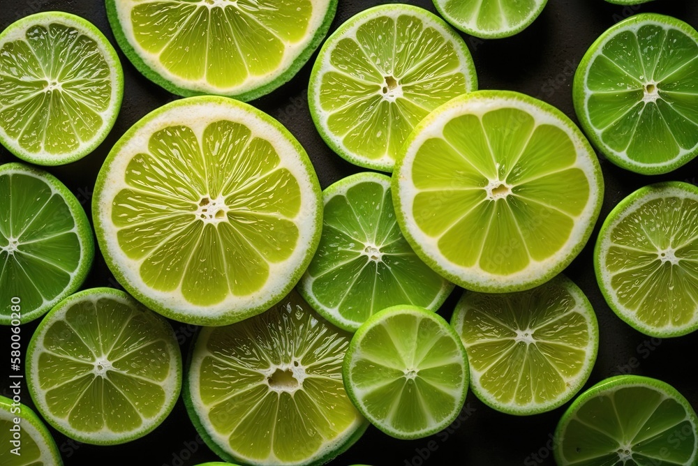Poster excellent establishing picture of lime slices hanging vertically generative ai