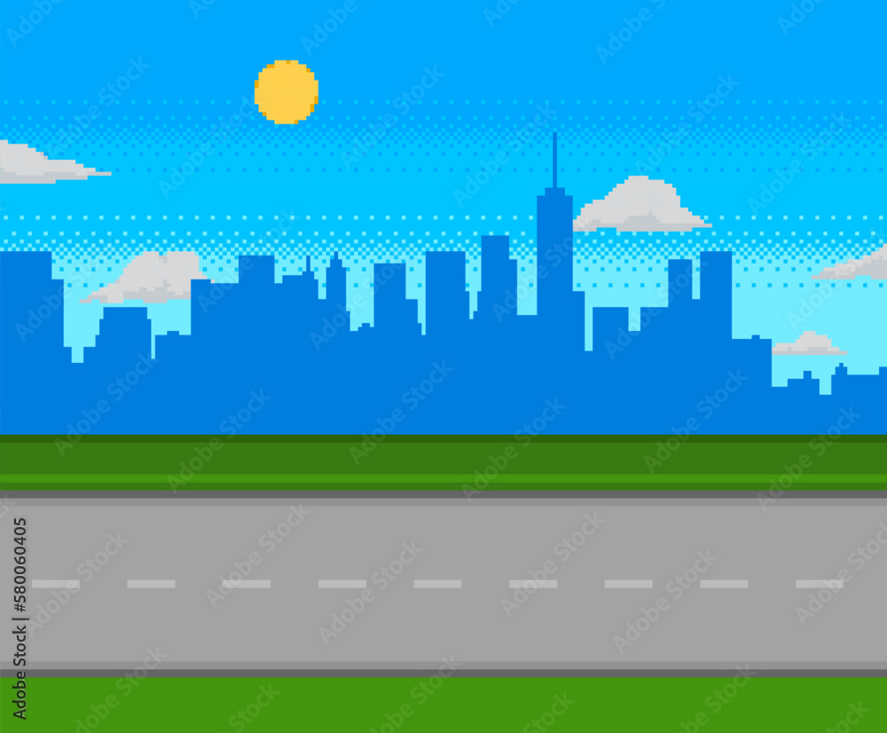 Wall mural pixel art game road with city on background.