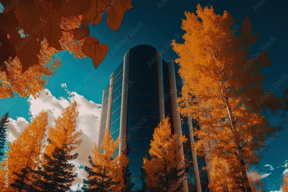 Poster colorado autumn trees in the backdrop of a vertical image of a high-rise generative ai