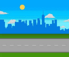 Pixel art game road with city on background.
