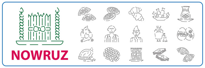 Traditional Norooz holiday line icon set, samani sign, Novruz Azerbaijan, Nowrouz Iranian or Persian New Year, Kazakhstan, Turkmenistan Nowruz, Nevruz, Iran Nowruz. Traditional desserts and sweets