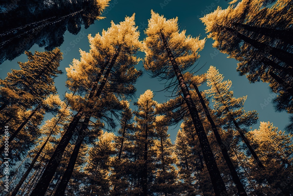 Poster pine trees in the background of a vertical woodland scene with golden dried ferns on the ground. gen