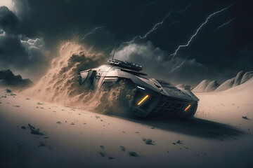Fototapeta na wymiar Illustration of a stealth technology offroad battle car in silver with large tires in a desolate land. A dark, dusty post-apocalyptic place with rocky mountains and a view to moon. 