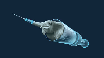 The elephant inside Syringe - Elephant in the Room - Idiom - Metaphor for Tackling Challenging Topics - obrazy, fototapety, plakaty