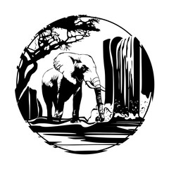 Elephant in nature against the backdrop of a tree, waterfall and rocks. Tattoo, travel, adventure, wildlife symbol. Natural open spaces. Ecology.