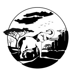Elephant in nature on a wood background. Tattoo, travel, adventure, wildlife symbol. Natural open spaces. Ecology.