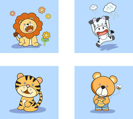 Vector cute set of animals, animal isolates in cartoon flat style.