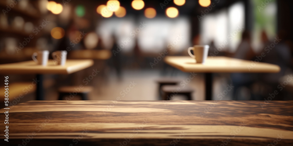 Poster an empty wooden counter table top for product display in a coffee shop or bar. generative ai