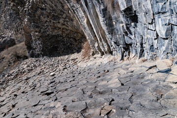 Rocks of huge vertical hexagon basalt pillars like organ pipes, Symphony of stones, Armenia