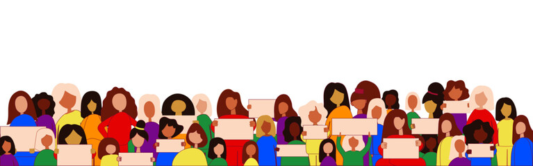 Concept on the theme of racism. Image of protesting people, equality. Political protest in defense of women's rights. Vector colorfull illustration.  Each person can be edit. 