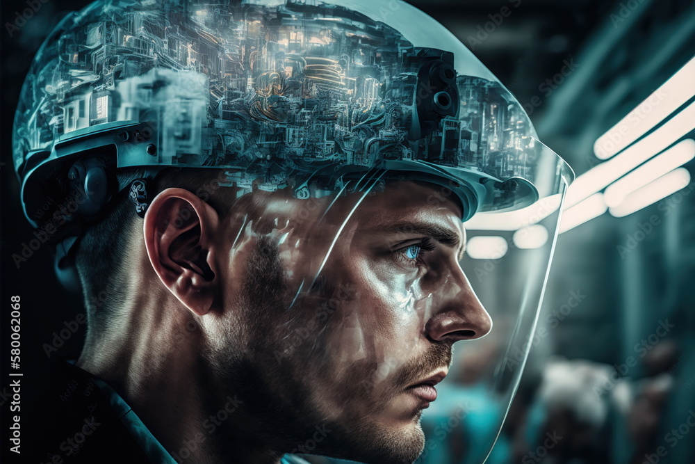Poster electrical engineering concept design. electrician or engineer wear hardhat with double exposure eff