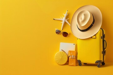 Travel items on yellow background 