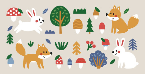 Obraz na płótnie Canvas Cute vector woodland clipart with forest animals, fox, hare, rabbit, mushrooms, plants, trees, leaves, bushes, berries, Sinek Agaric in minimal flat modern style