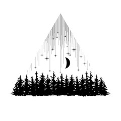 Vector illustration of fir forest moon and stars in a triangle. Drawing for a tattoo, graphic drawing.