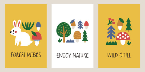 Cute vector woodland cards with forest animals, fox, hare, rabbit, mushrooms, plants, trees, leaves, bushes, berries, Sinek Agaric in minimal flat modern style