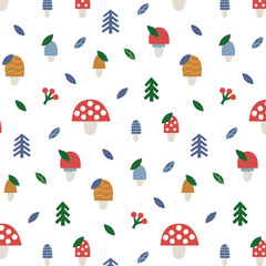 Seamless cute kids vector woodland forest pattern with mushrooms, plants, trees, leaves, bushes, Sinek Agaric in minimal flat modern style