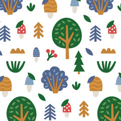 Seamless cute kids vector woodland forest pattern with mushrooms, plants, trees, leaves, bushes, Sinek Agaric in minimal flat modern style