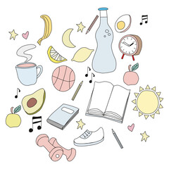 Icons for a healthy habits and productive lifestyle - sport, nutrition, education