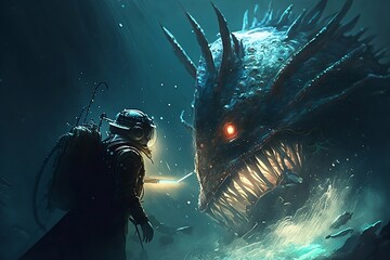 Sea monster attacks diver, fantasy underwater scene, generative AI
