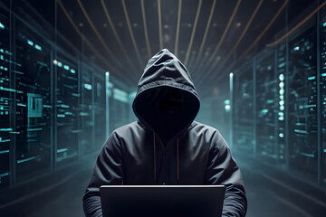 Hacker in hoodie breaking into data server dark theme. Generative AI