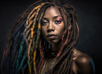 Portrait of a black woman with colorful dreadlocks. Generative AI.
