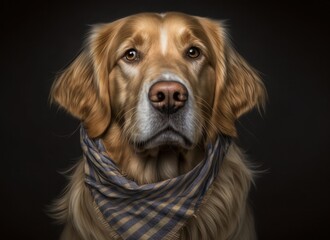 Portrait of a golden retriever wearing striped neckerchief. Generative AI.