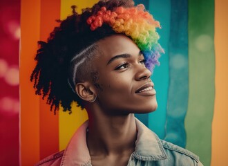 Portrait of a black gender fluid person with rainbow colored hair in front of pride flag. Concept of Pride Day. Generative AI.