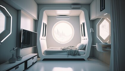 Ultra modern futuristic plastic bedroom to wake up everyday in the future, interior