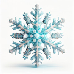 Winter snowflake crystal 3d illustration close-up on white background. Generative AI