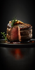 Tender and juicy beef steak, expertly prepared and presented on a dark background for a mouth-watering appeal