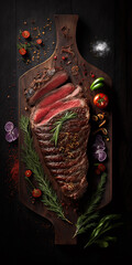 Tender and juicy beef steak, expertly prepared and presented on a dark background for a mouth-watering appeal