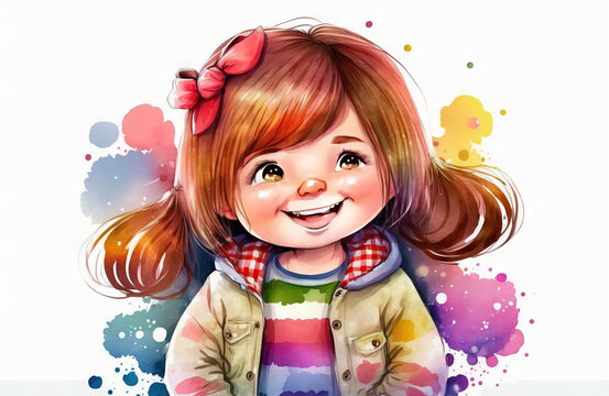 Cute girl cartoon watercolor style. Generative ai
