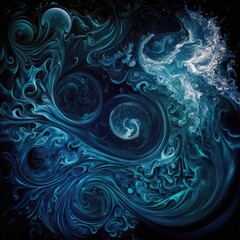A texture of deep blue sea water, with swirling waves and bubbles. Generative AI.