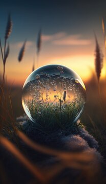 glass sphere in the grass at a meadow during sunset