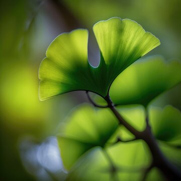close up of green leaves of a ginkgo or gingko, maidenhair tree