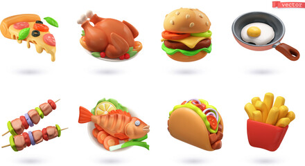Fast food, street food 3d vector icon set - obrazy, fototapety, plakaty