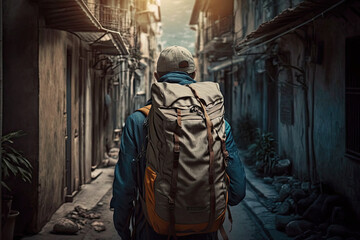 Fototapeta na wymiar Back view of man with backpack travelling outdoors. Adventure and traveling lifestyle concept. Created with Generative AI