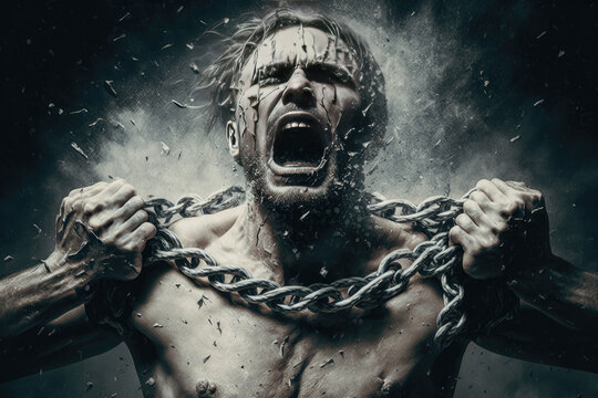 Person breaks chains on himself, frees himself from captivity of consciousness. Man emotionally gets rid of shackles, dark background. Created with Generative AI