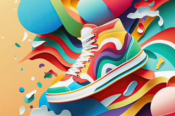 Creative bright colorful sneakers on abstract background. Sport footwear and fashion concept. Banner for design. Created with Generative AI - obrazy, fototapety, plakaty