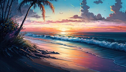Fototapeta na wymiar Tropical Paradise: A Serene Beach at Sunset with Palm Trees, Clear Blue Water, and a Colorful Sky