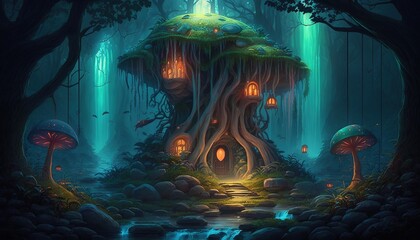 "Enchanted Forest: A Magical World of Glowing Mushrooms, Cascading Waterfall, and Hidden Treehouse