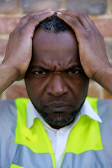 Portait of the architect holding hands on head while suffering from severe headache outdoors. Stressed tired african american builder in uniform standing near brick wall after hard working day.