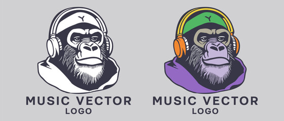 Vector logos. Portrait of a gorilla in headphones, listening to music. Monochrome and color stickers or icons.
