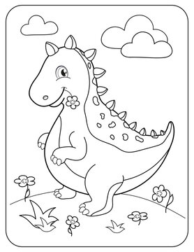 Dinosaur on the lawn. Coloring book for children. Vector black and white illustration.