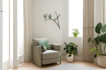 Stylish Armchair and Diffrent Potted Plants, Big Window, Minimalist Interior Design