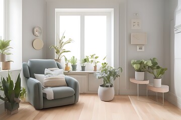 Stylish Armchair and Diffrent Potted Plants, Big Window, Minimalist Interior Design